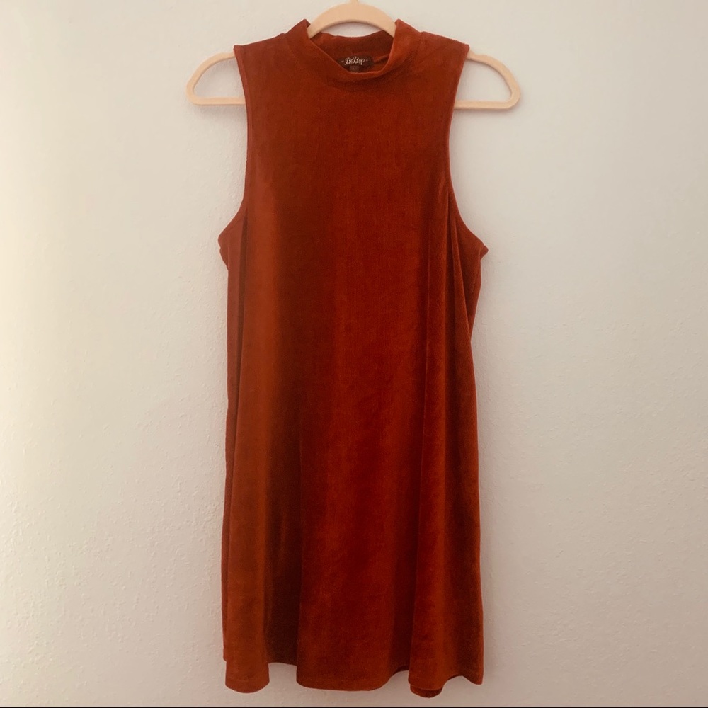 Orange Mock Neck Velvet Ribbed Sleeveless Dress L